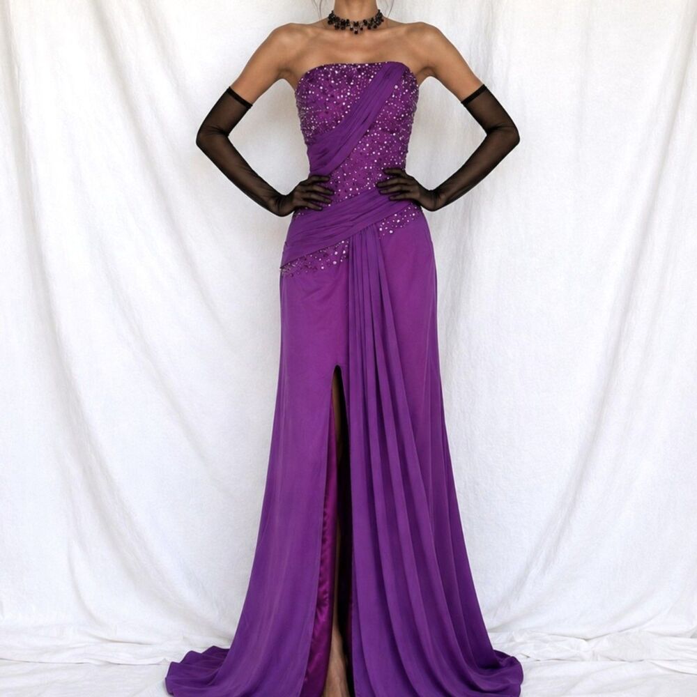 Vintage Y2K Purple Strapless Beaded Side Slit Fit Flared Maxi Prom Dress Size S